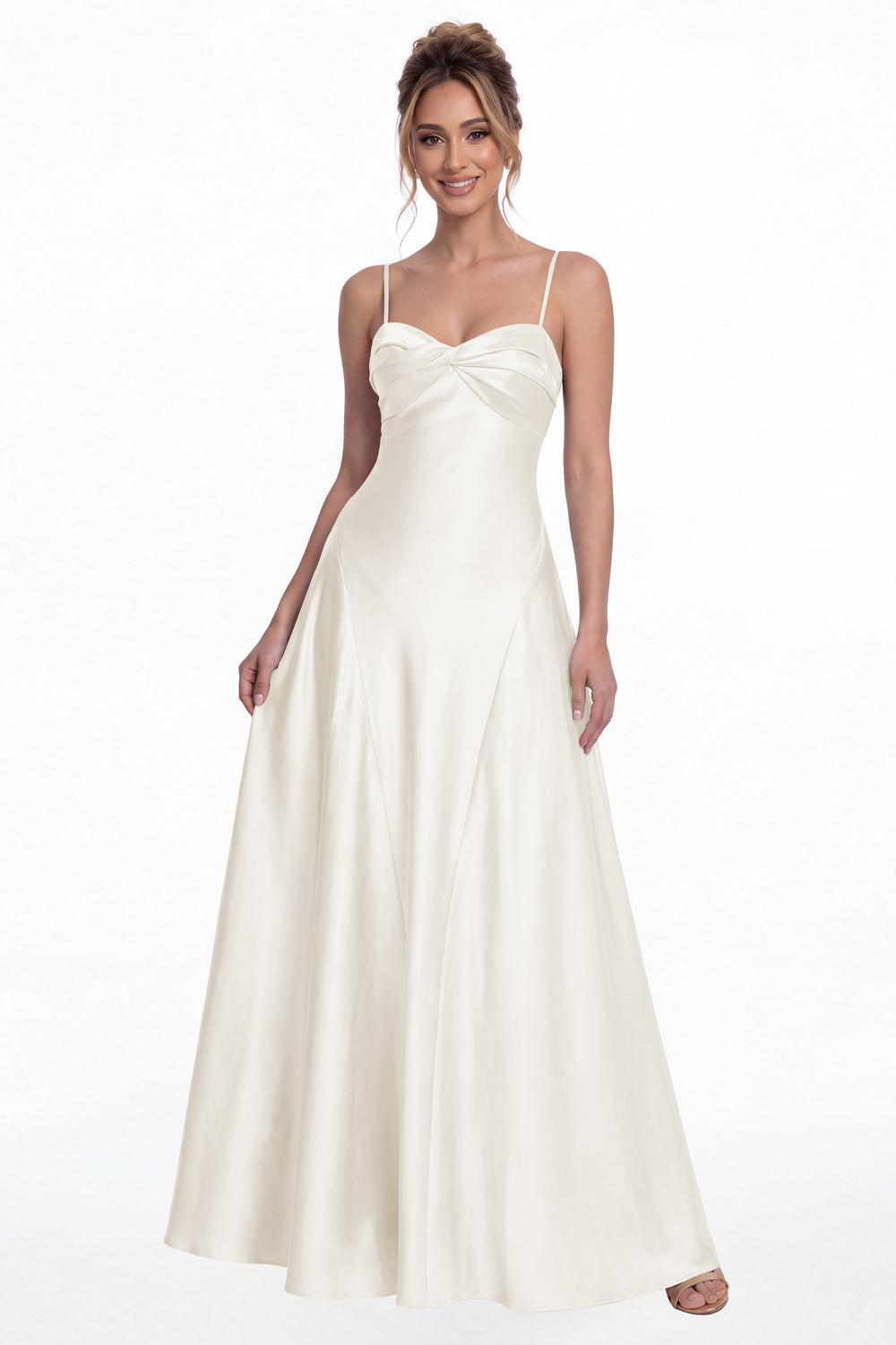 Ivory Spaghetti Strap Twist Satin A-Line Maxi Gown - Front View