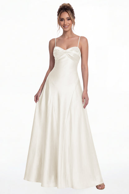 Ivory Spaghetti Strap Twist Satin A-Line Maxi Gown - Front View