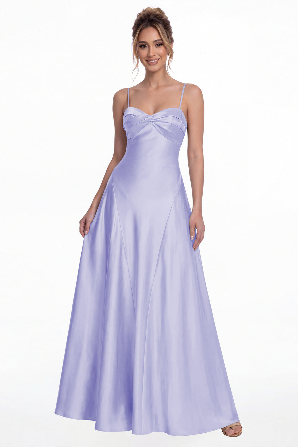 Lavender Spaghetti Strap Twist Satin A-Line Maxi Gown - Front View
