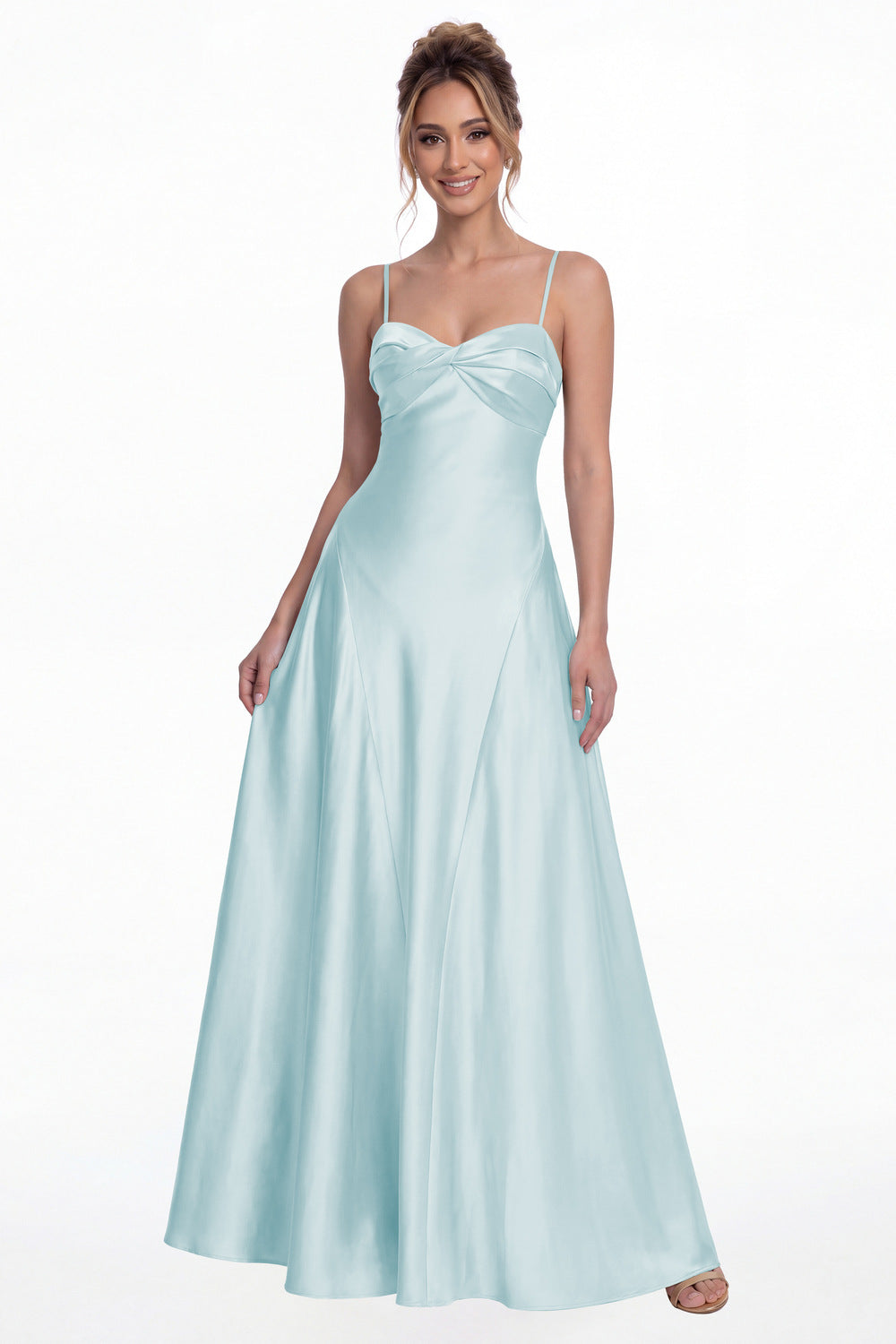 Light Blue Spaghetti Strap Twist Satin A-Line Maxi Gown - Front View