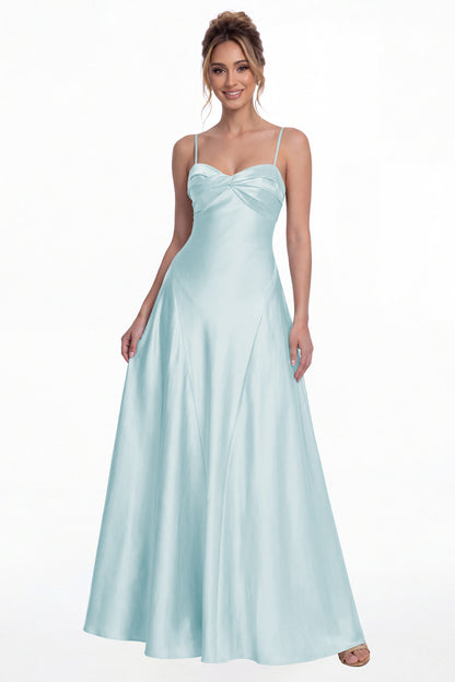 Light Blue Spaghetti Strap Twist Satin A-Line Maxi Gown - Front View