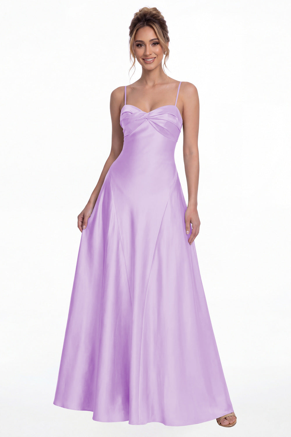 Lilac Spaghetti Strap Twist Satin A-Line Maxi Gown - Front View