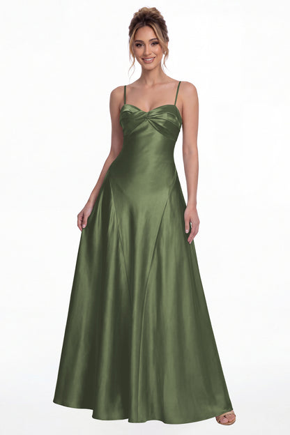 Moss Green Spaghetti Strap Twist Satin A-Line Maxi Gown - Front View