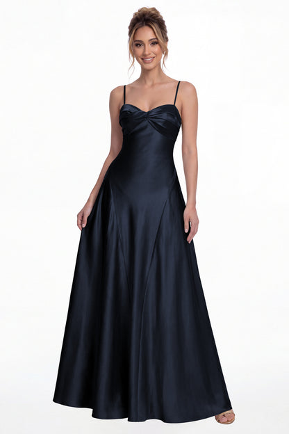 Navy Blue Spaghetti Strap Twist Satin A-Line Maxi Gown - Front View