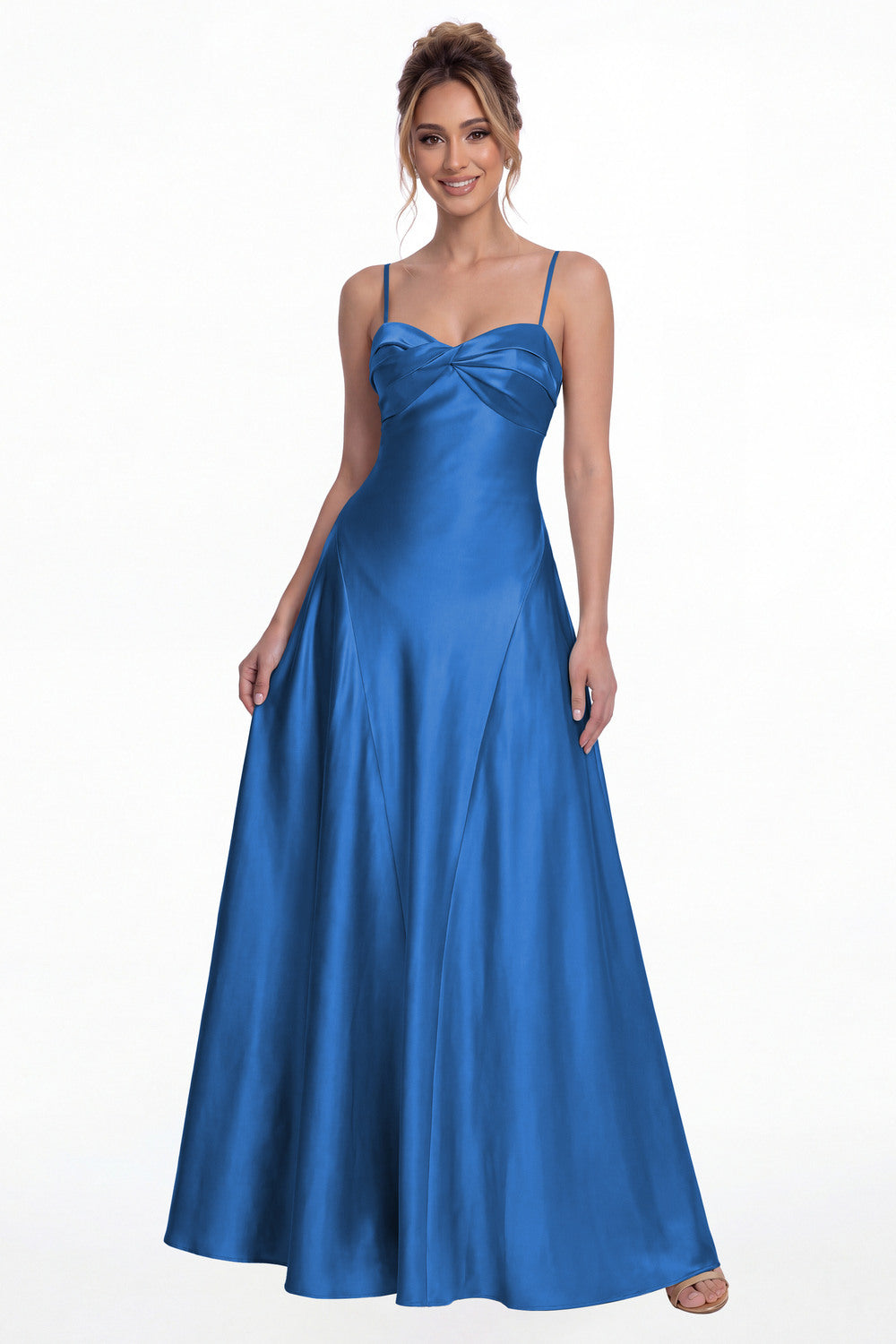 Ocean Blue Spaghetti Strap Twist Satin A-Line Maxi Gown - Front View