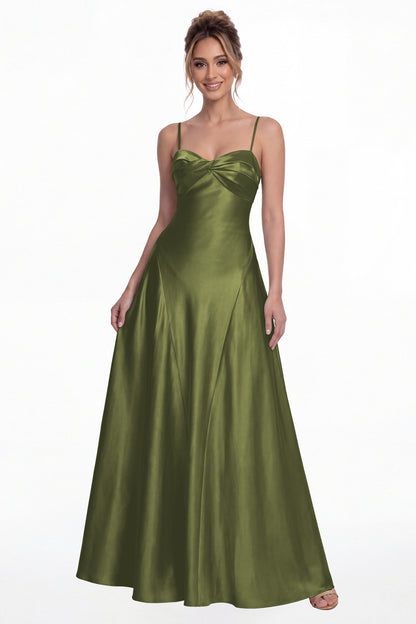 Olive Green Spaghetti Strap Twist Satin A-Line Maxi Gown - Front View