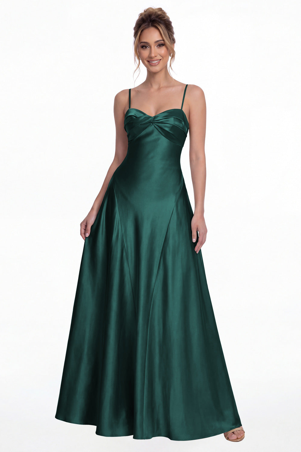 Peacock Spaghetti Strap Twist Satin A-Line Maxi Gown - Front View