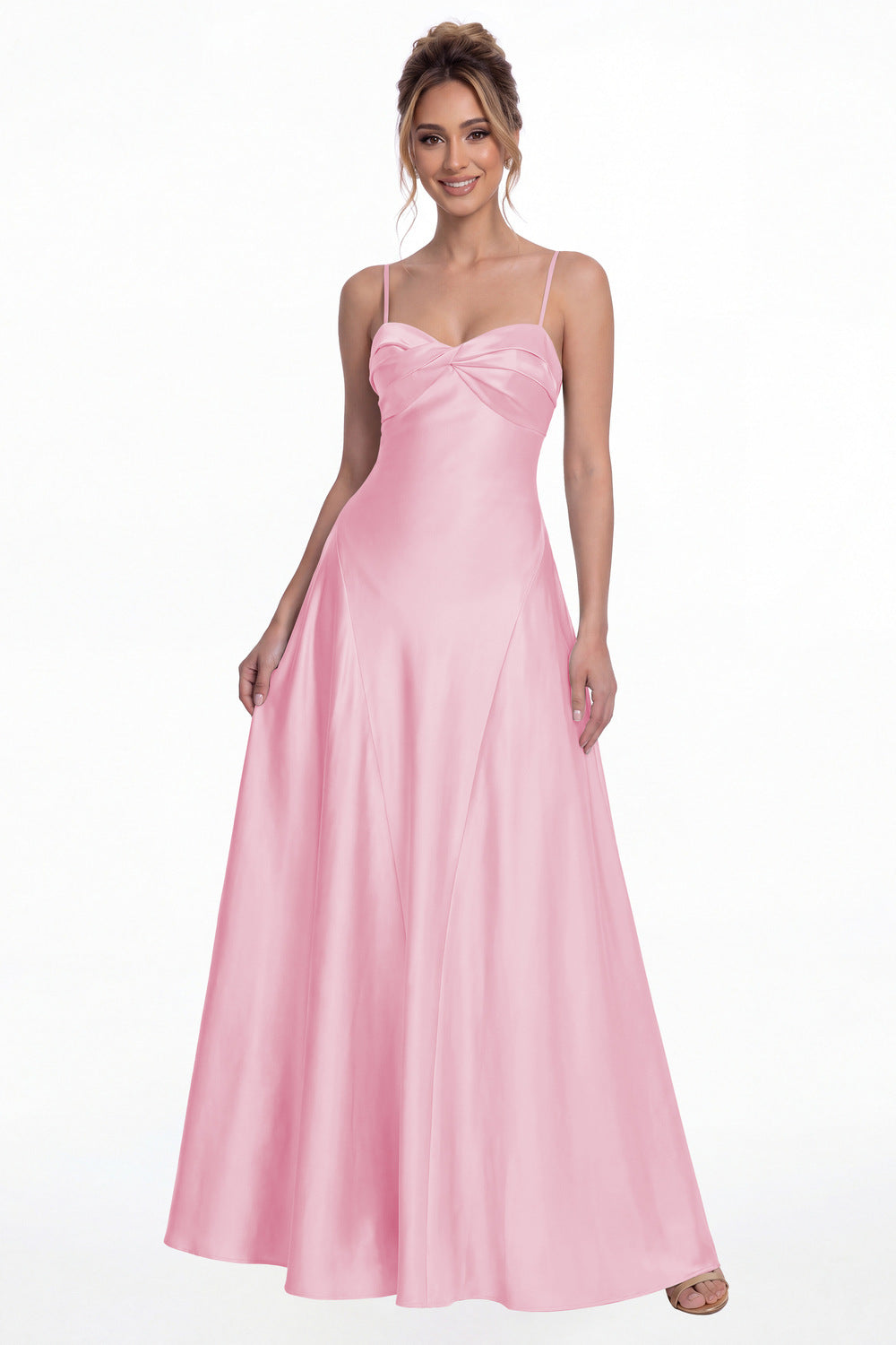 Pink Spaghetti Strap Twist Satin A-Line Maxi Gown - Front View