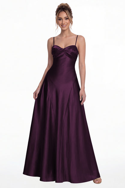 Plum Spaghetti Strap Twist Satin A-Line Maxi Gown - Front View