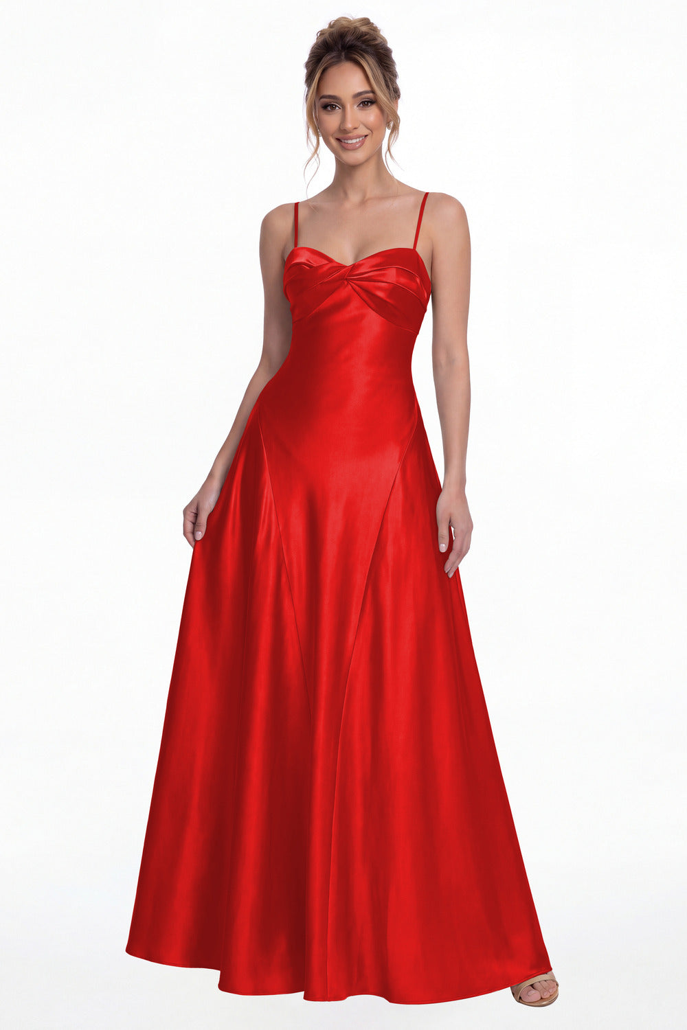 Red Spaghetti Strap Twist Satin A-Line Maxi Gown - Front View