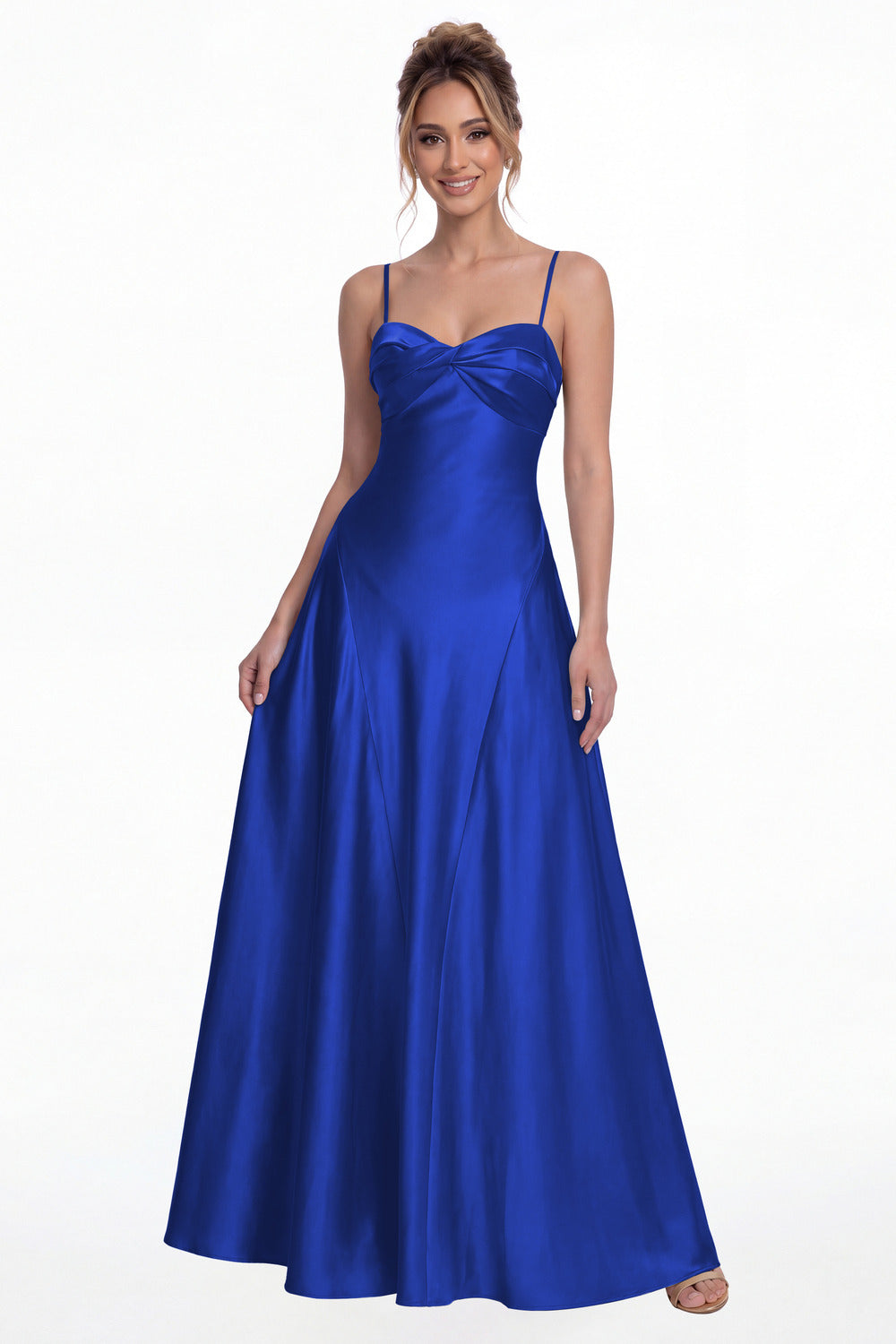 Royal Blue Spaghetti Strap Twist Satin A-Line Maxi Gown - Front View