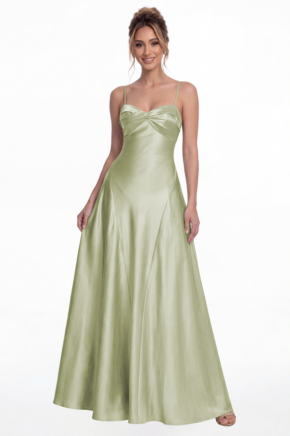 Sage Green Spaghetti Strap Twist Satin A-Line Maxi Gown - Front View