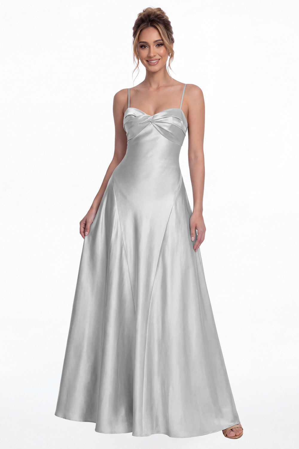 Silver Spaghetti Strap Twist Satin A-Line Maxi Gown - Front View