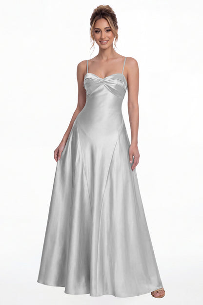 Silver Spaghetti Strap Twist Satin A-Line Maxi Gown - Front View