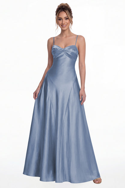 Steel Blue Spaghetti Strap Twist Satin A-Line Maxi Gown - Front View