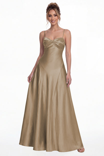 Taupe Spaghetti Strap Twist Satin A-Line Maxi Gown - Front View