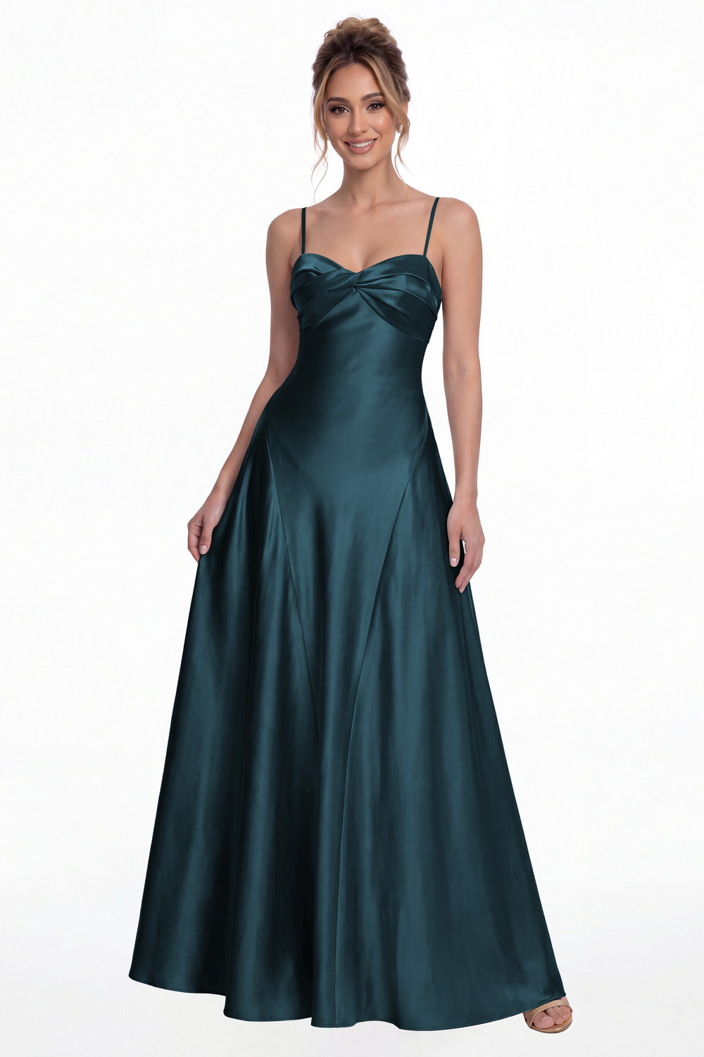 Teal Spaghetti Strap Twist Satin A-Line Maxi Gown - Front View