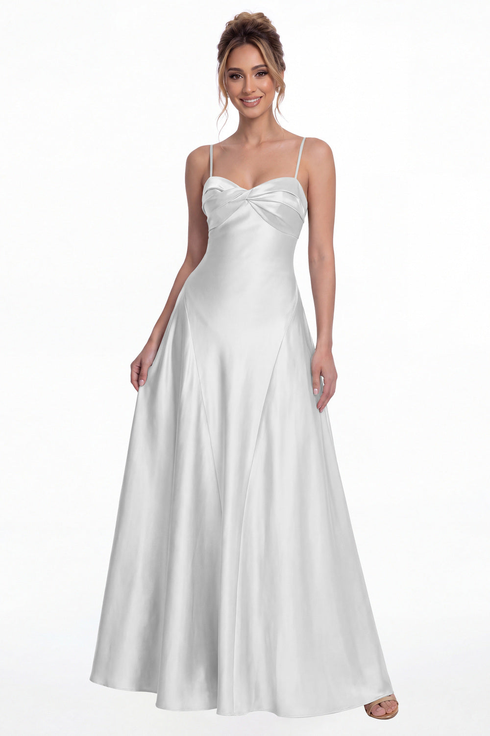 White Spaghetti Strap Twist Satin A-Line Maxi Gown - Front View
