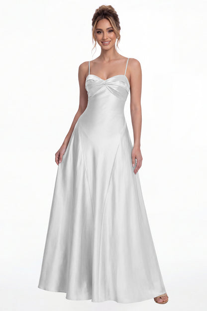 White Spaghetti Strap Twist Satin A-Line Maxi Gown - Front View