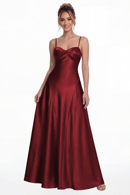 Wine Red Spaghetti Strap Twist Satin A-Line Maxi Gown - Front View