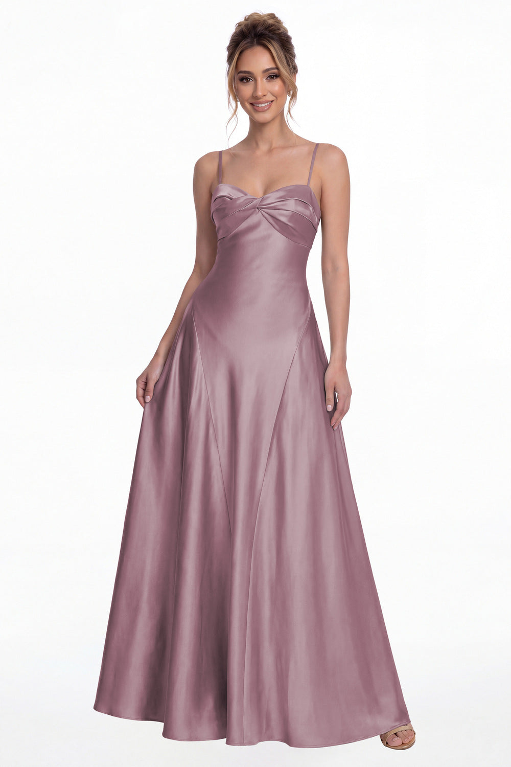 Wisteria Spaghetti Strap Twist Satin A-Line Maxi Gown - Front View