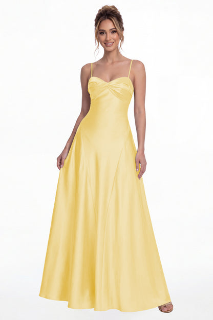 Yellow Spaghetti Strap Twist Satin A-Line Maxi Gown - Front View