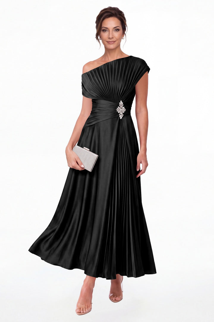 Black One Shoulder Pleated Satin Ankle-Length Dress - Front View