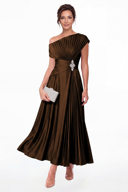 Brown One Shoulder Pleated Satin Ankle-Length Dress - Front View
