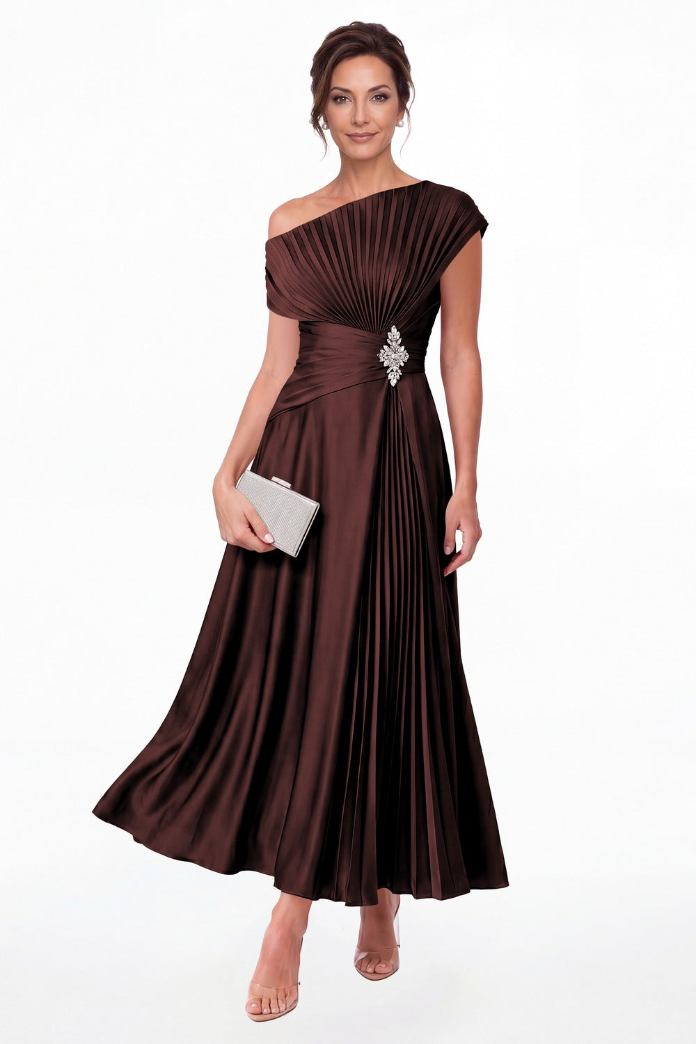 Burgundy One Shoulder Pleated Satin Ankle-Length Dress - Front View