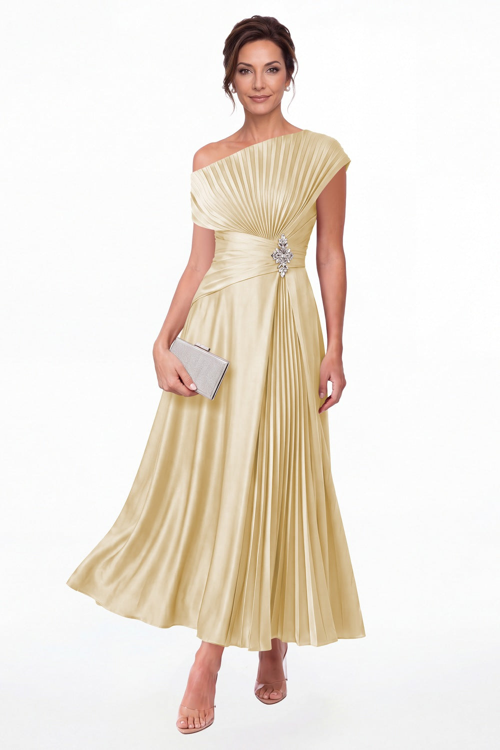 Champagne One Shoulder Pleated Satin Ankle-Length Dress - Front View