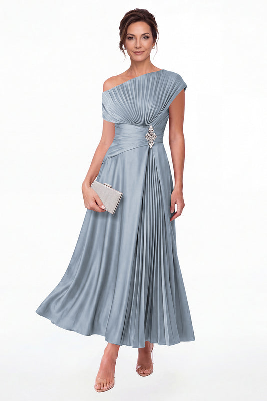 Dusty Blue One Shoulder Pleated Satin Ankle-Length Dress - Front View