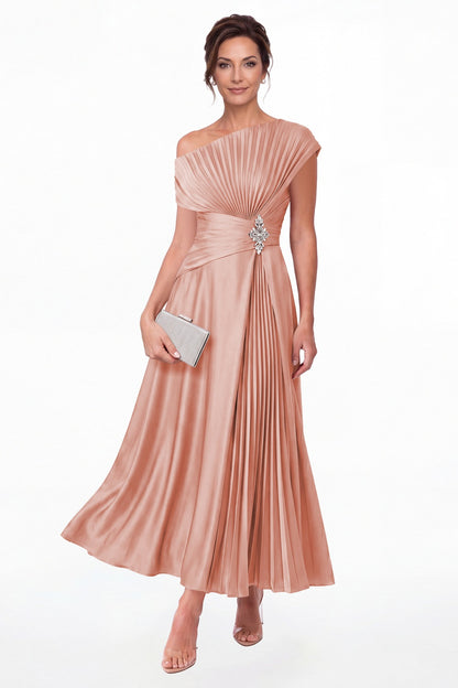 Dusty Rose One Shoulder Pleated Satin Ankle-Length Dress - Front View
