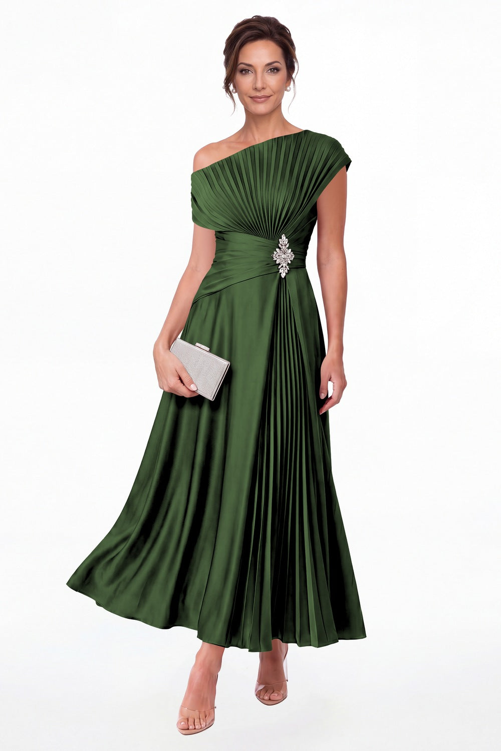 Emerald Green One Shoulder Pleated Satin Ankle-Length Dress - Front View