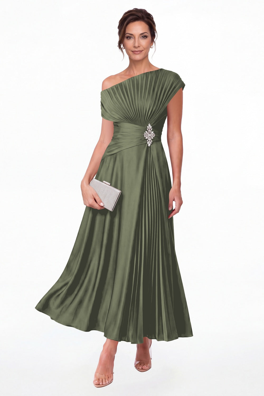 Moss Green One Shoulder Pleated Satin Ankle-Length Dress - Front View