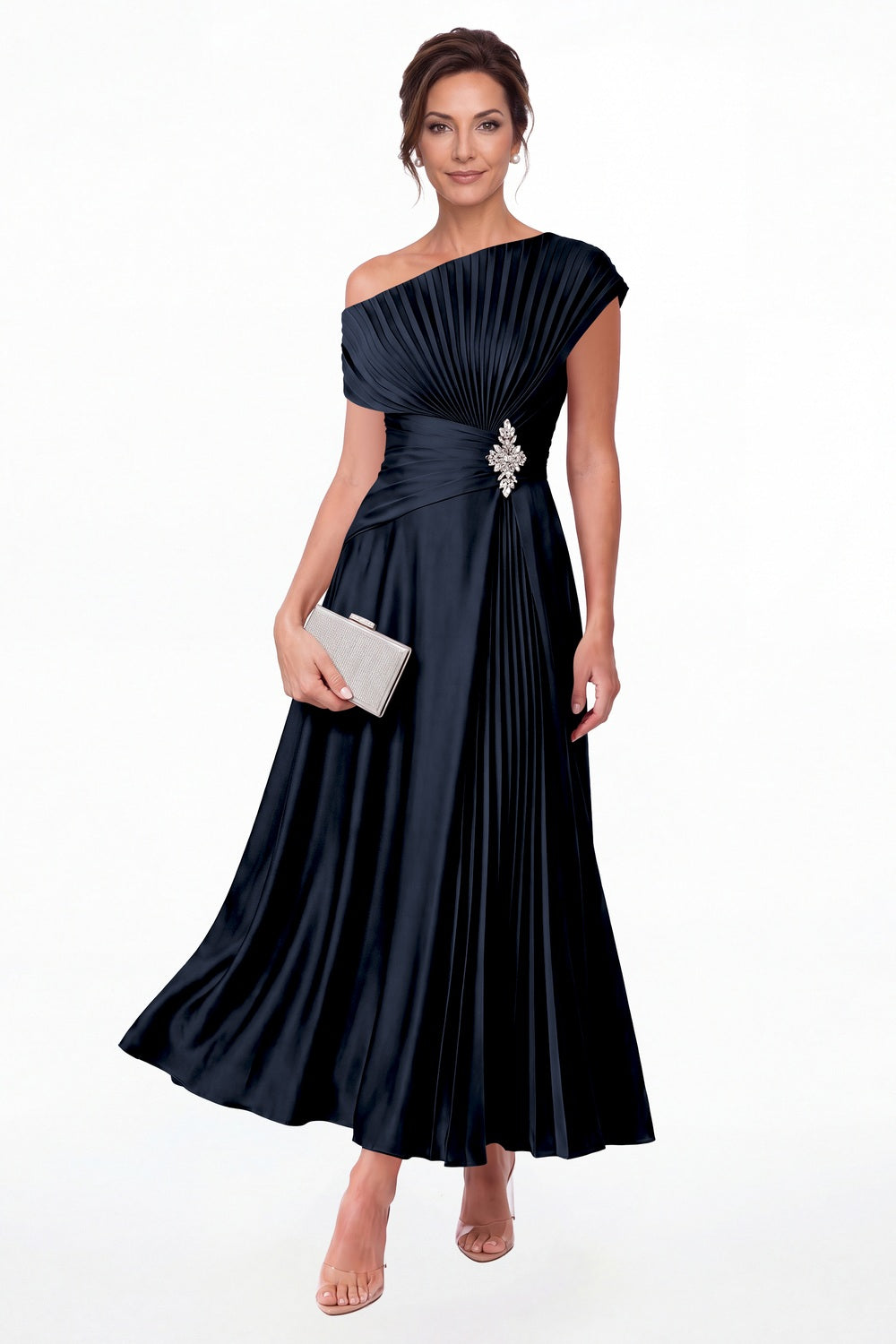 Navy Blue One Shoulder Pleated Satin Ankle-Length Dress - Front View