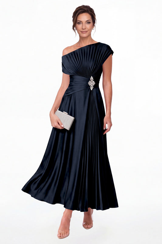 Navy Blue One Shoulder Pleated Satin Ankle-Length Dress - Front View