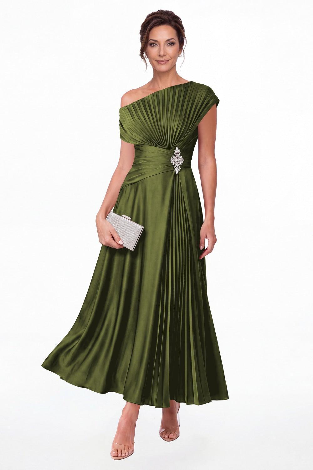 Olive Green One Shoulder Pleated Satin Ankle-Length Dress - Front View