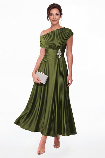 Olive Green One Shoulder Pleated Satin Ankle-Length Dress - Front View