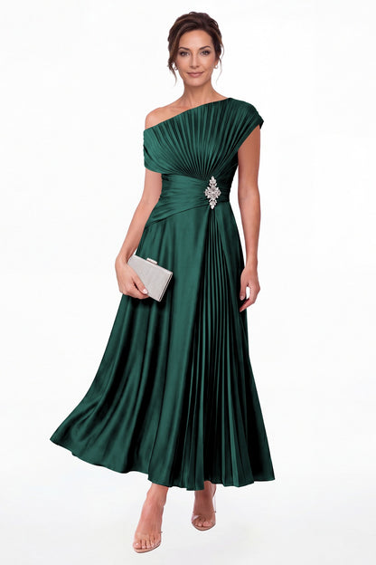 Peacock One Shoulder Pleated Satin Ankle-Length Dress - Front View