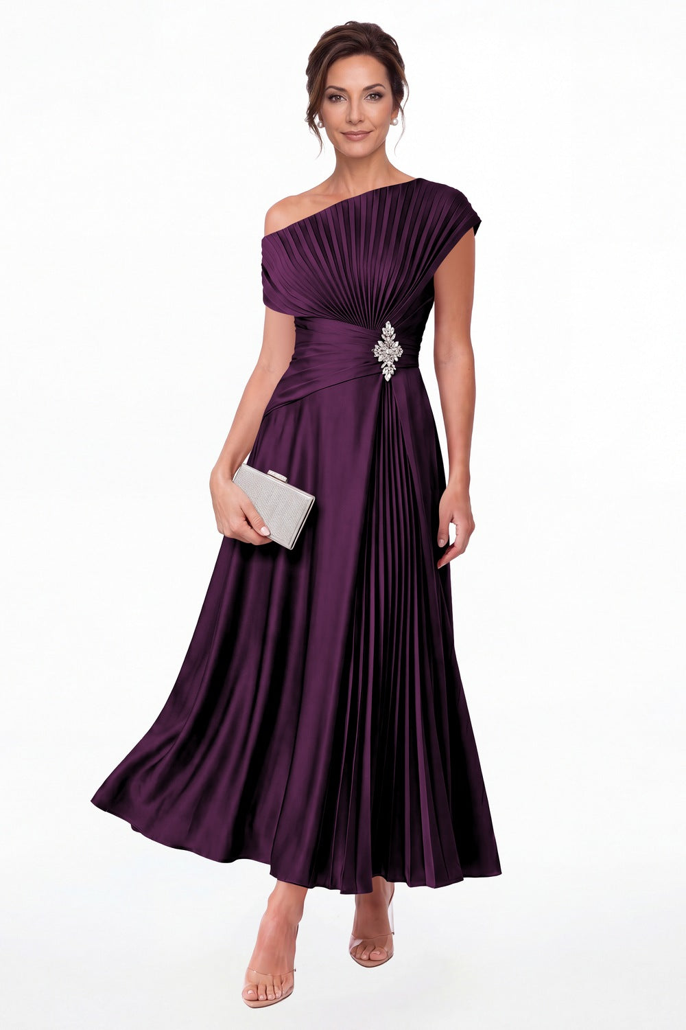 Plum One Shoulder Pleated Satin Ankle-Length Dress - Front View