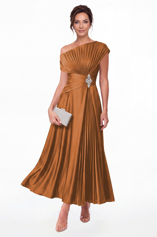 Rust One Shoulder Pleated Satin Ankle-Length Dress - Front View