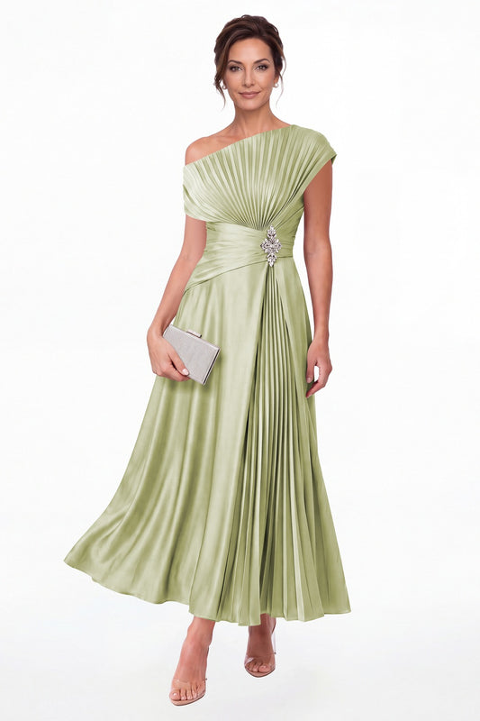 Sage Green One Shoulder Pleated Satin Ankle-Length Dress - Front View