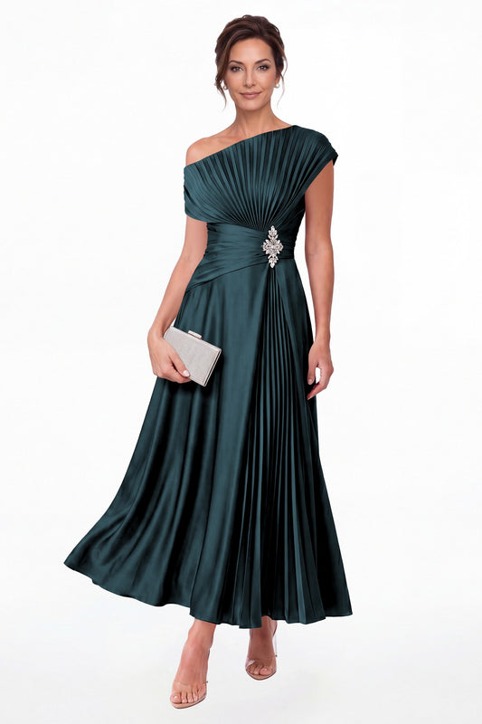 Teal One Shoulder Pleated Satin Ankle-Length Dress - Front View