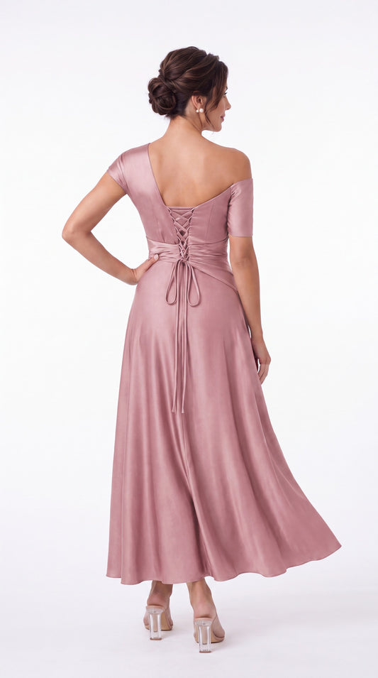 One Shoulder Pleated Satin Ankle-Length Dress - Back View