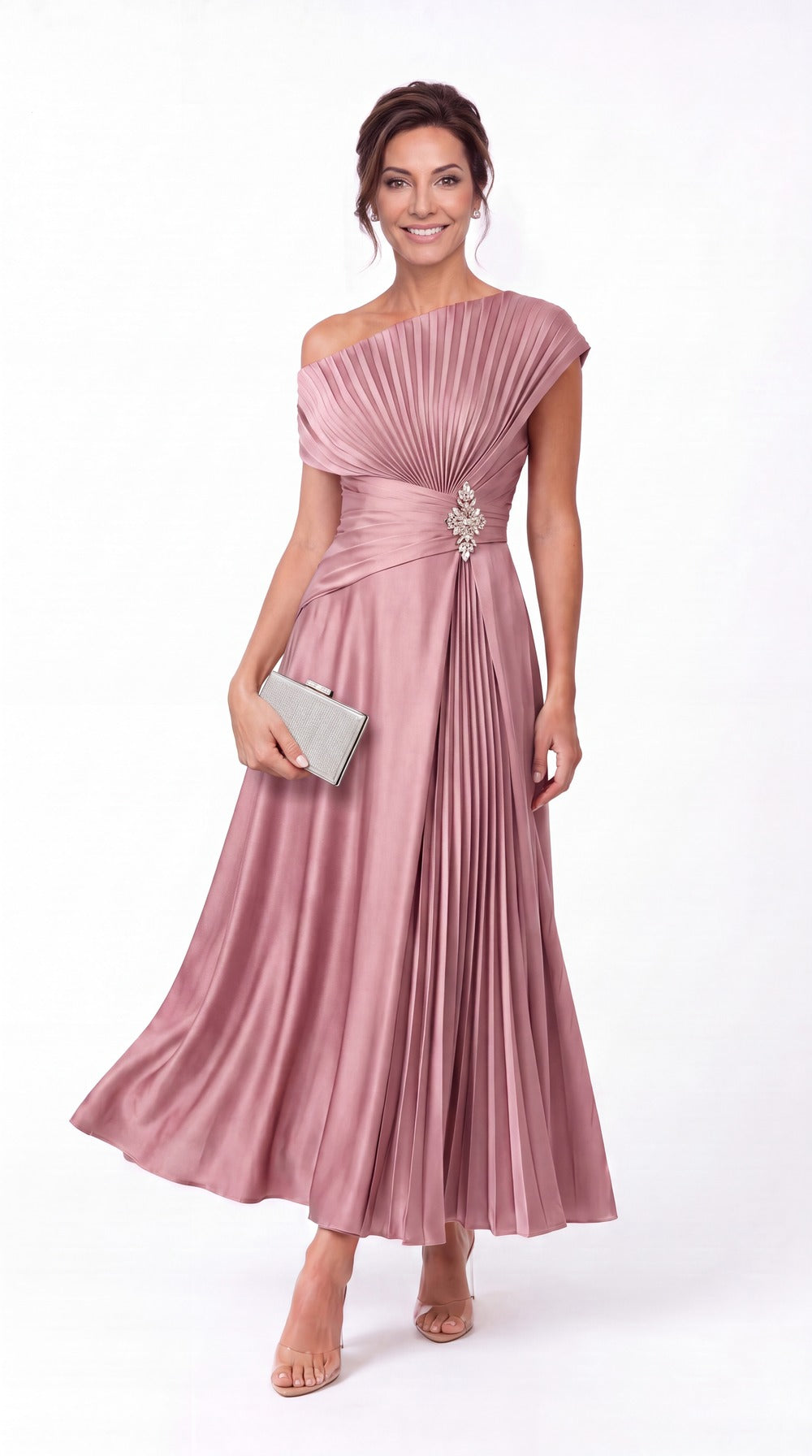 One Shoulder Pleated Satin Ankle-Length Dress - Details 3
