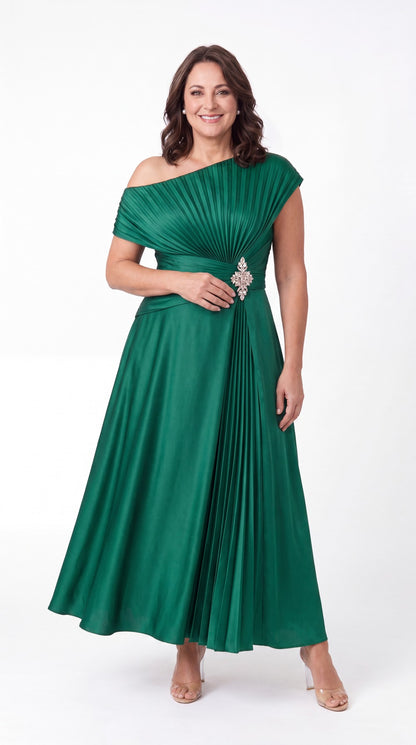 One Shoulder Pleated Satin Ankle-Length Dress - Details 4