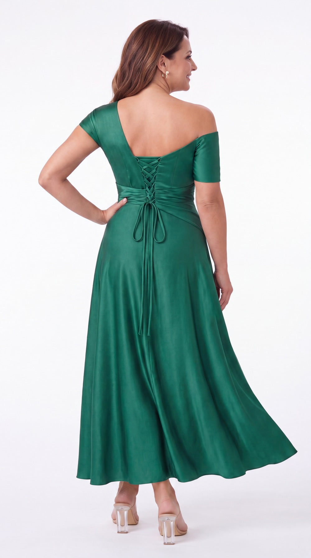 One Shoulder Pleated Satin Ankle-Length Dress - Details 5