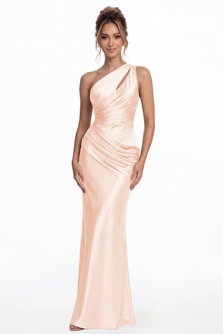 Blush Pink One Shoulder Ruched Satin Mermaid Maxi Gown - Front View