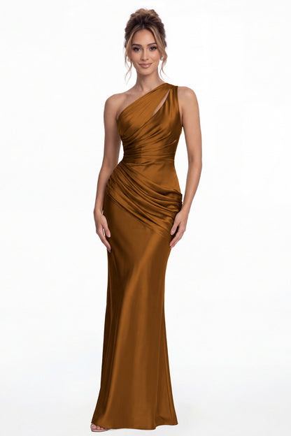 Burnt Orange One Shoulder Ruched Satin Mermaid Maxi Gown - Front View