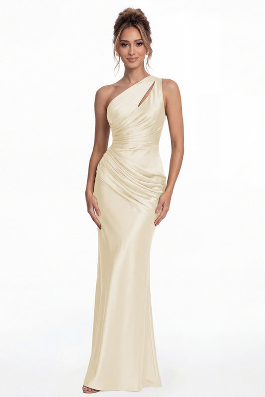 Champagne One Shoulder Ruched Satin Mermaid Maxi Gown - Front View